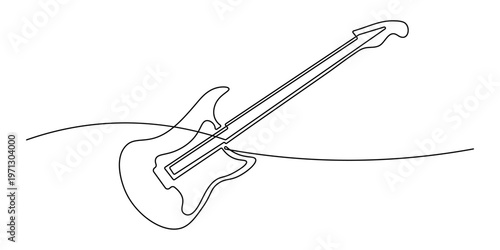 A dynamic continuous single line art drawing portrays an electric guitar, capturing the essence of rock music, creativity, and modern sound in a flowing, artistic manner.