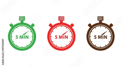 Three colorful stopwatch icons displaying five minute intervals, representing time management and deadlines