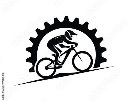 Black and white cycling logo featuring a biker and a large sprocket, an outdoor sports emblem vector