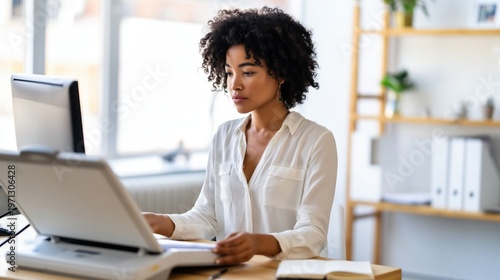 Focused professional scanning documents at office desk while working on computer in bright modern workspace.