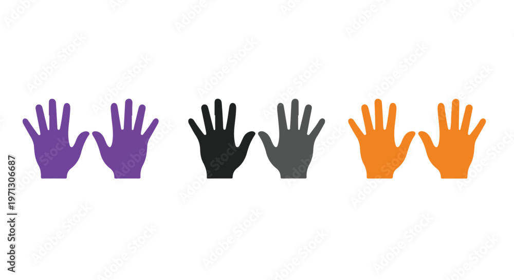 Fototapeta premium Three pairs of open hands in purple, black, and orange colors displayed side by side on a white background
