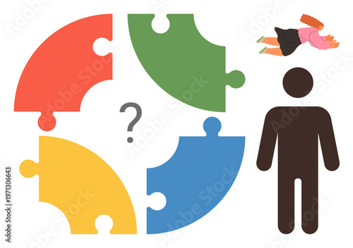 Problem solving, teamwork, decision making, emotional struggle, collaboration, confusion. Colorful puzzle pieces forming a circle with a question mark, a human figure and a woman lying. Problem