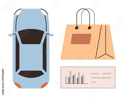 E-commerce, logistics, consumer spending, retail trends, online shopping, transportation. Top view of blue car, shopping bag and graph chart. E-commerce and logistics concept