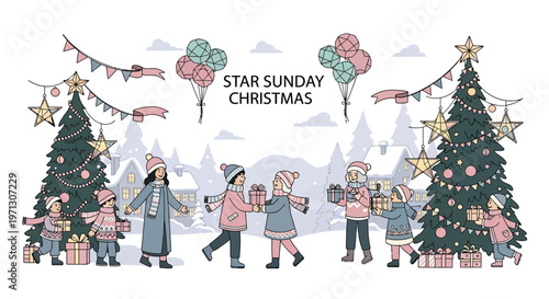 Festive scene depicts a christmas celebration with children and decorated trees