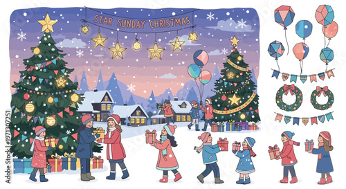 Festive christmas scene with families exchanging gifts near decorated trees