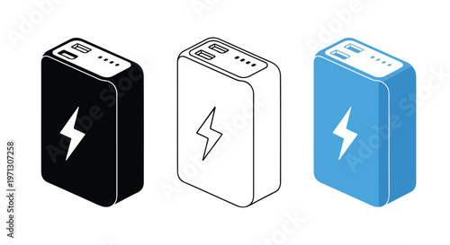 Portable power bank devices in black, outline, and blue designs with lightning bolt symbols for charging electronics