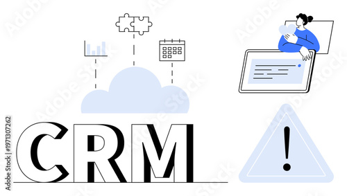 CRM concept. CRM with cloud, data integration, and user interaction visuals. CRM improving customer relationship, data management and business workflow. For business, technology, management support