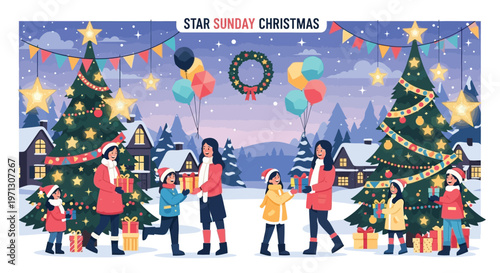 Festive christmas scene with family gifts and colorful holiday decorations