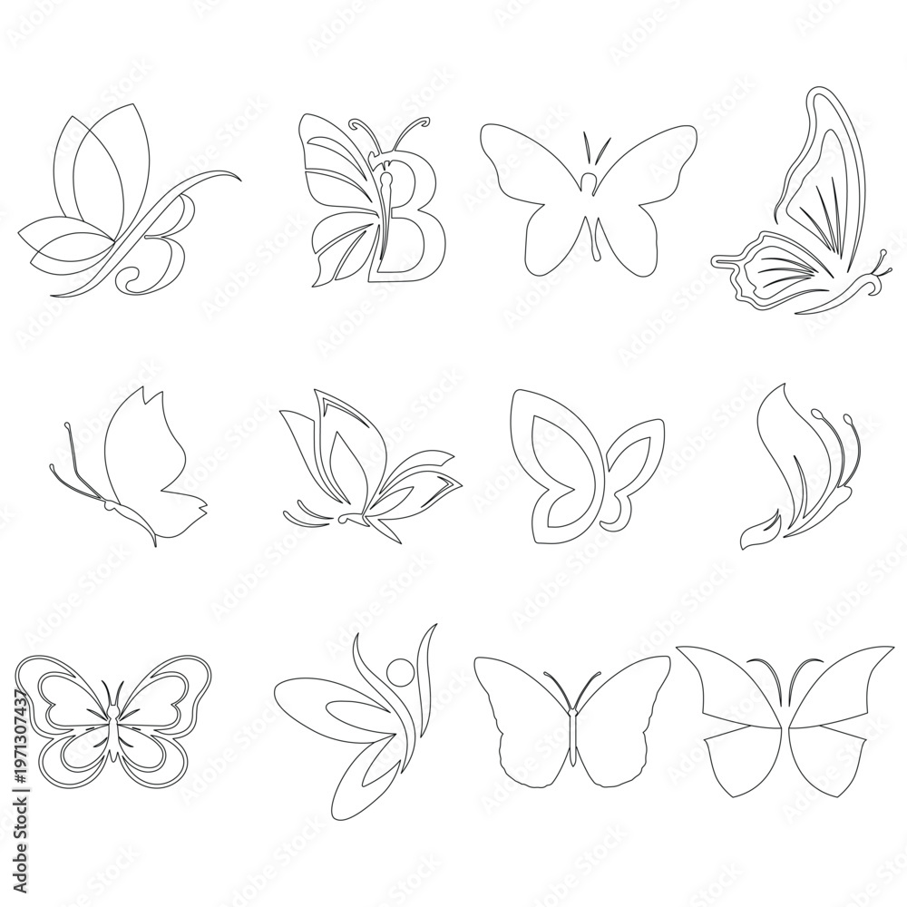 Fototapeta premium Butterfly Line Art Vector Set Outline Butterfly Collection Minimal Black and White Insect Illustration Bundle
