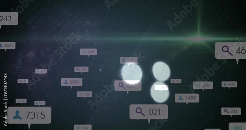 Floating animation of search icons and numbers over dark abstract digital background