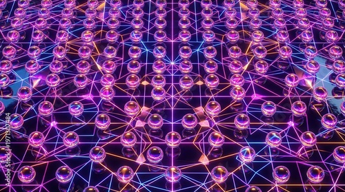 Vibrant neon geometric texture with repeating spheres and reflective glossy background