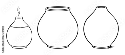 Essential oil diffuser set with black line art illustration on white background featuring minimalist line art, ceramic design, essential oils with diffusion and aromatherapy