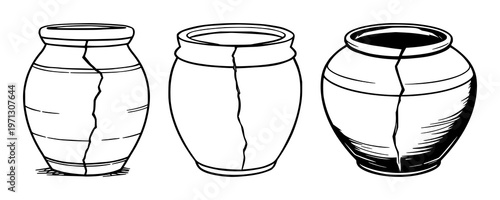 Clay pot set with black line art terracotta vase featuring stamped crack, rustic silhouette, vector style with earthy hue and natural texture
