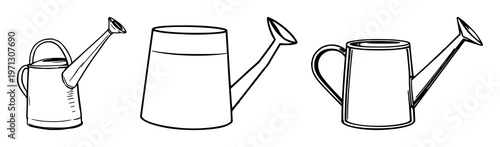 Watering can set with simple black line art design featuring gardening, plant care, irrigation with tool and equipment