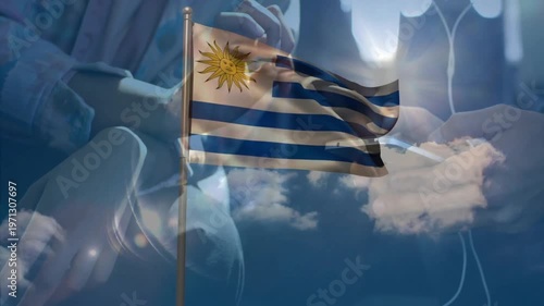 Waving Uruguay flag over people wearing headphones, listening to music animation