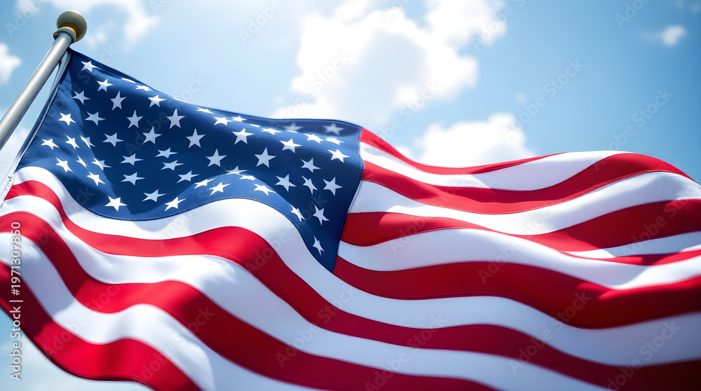 Fototapeta premium American flag waving against a bright blue sky with soft white clouds, low angle view with cinematic lighting, patriotic and realistic style, bright mood