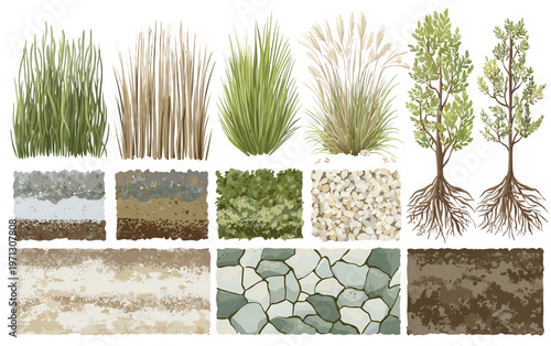 Colección de elementos naturales y texturas del suelo para diseño paisajístico: árboles, hierbas, musgo, arena y adoquines.
