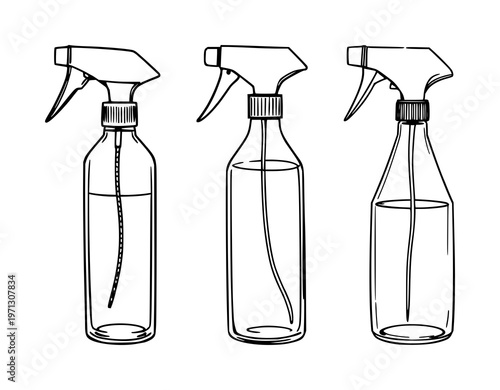 Cleaning spray bottle set with black line art design featuring glass, spray, water with detergent and hygiene