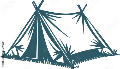 Teal-colored tents pitched on grassy ground, simple camping site