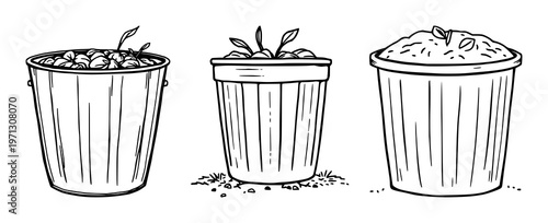 Compost bin set with black line art minimalist design featuring ecological, gardening, waste reduction with recycling and sustainability