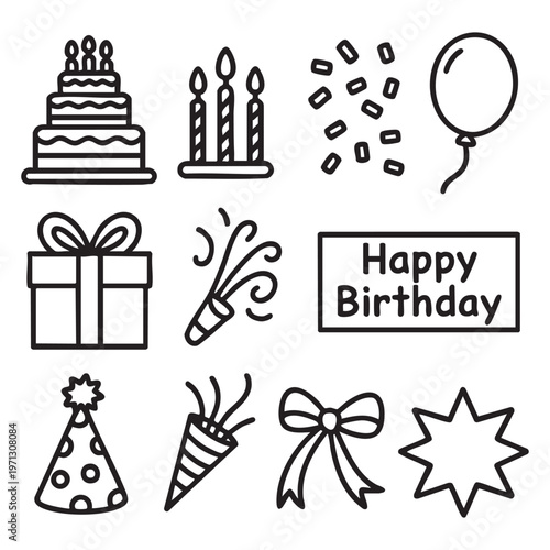 Black and white birthday celebration collection with cake gifts balloons and text cupcake