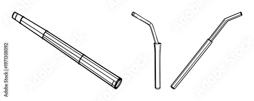 Collapsible metal straw set with black line art design on white background featuring reusable, eco-friendly, beverage utensil with minimalism and sustainability