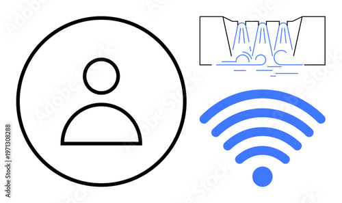 Digital identity, internet communication, data networks, water management, renewable energy, technology. Minimalistic icons of a user, wireless signal and hydroelectric dam. Digital identity