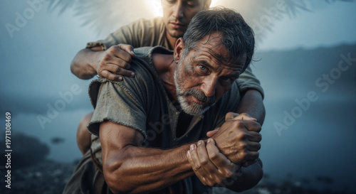 Jacob wrestling with the angel. Biblical scene of spiritual struggle and perseverance. Man grappling with divine being in misty landscape