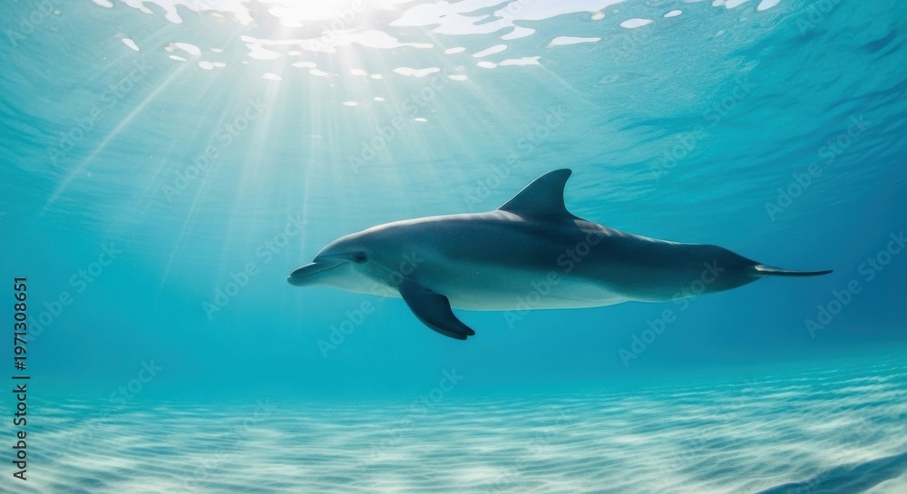 Naklejka premium Graceful dolphin swimming through clear turquoise ocean water illuminated by sun rays