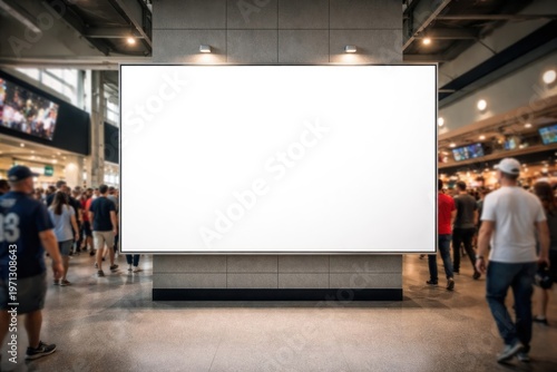 Blank billboard in busy hallway.