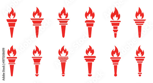 Collection of twelve red Olympic style torches with bright flames, symbolizing victory, achievement, and competition