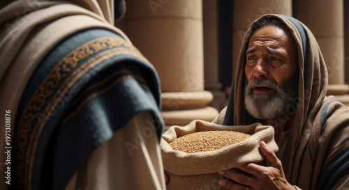 Joseph providing grain to a starving man during the famine in Egypt. Biblical scene from the Book of Genesis. Historical portrait of an old man receiving food relief