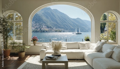 Luxurious Living Room with Panoramic Lake and Mountain View.