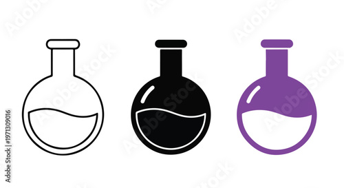 Three round bottom laboratory flasks with liquid, one outlined, one black, and one purple