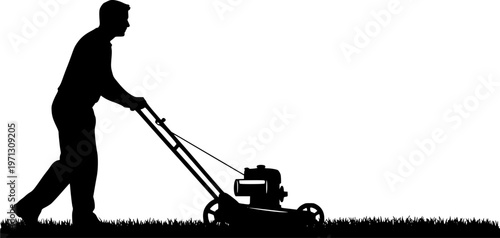 Man pushing an old green lawn mower silhouette. Lawn Mower Silhouette Stock Illustrations. Silhouette Man Pushing Lawn Mower. Black silhouette of a lawn mower on a white background. 

