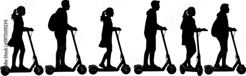 Silhouettes, people riding electric scooters, sequence of five figures, black and white illustration, minimalist design, urban transportation, side view profiles, motion progression, scooter riders 