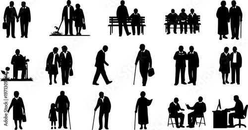 A vector collection of black silhouettes featuring elderly people, senior couples, and individuals in various daily life poses and activities.
