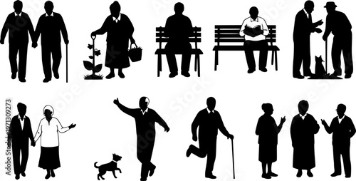 A vector collection of black silhouettes featuring elderly people, senior couples, and individuals in various daily life poses and activities.
