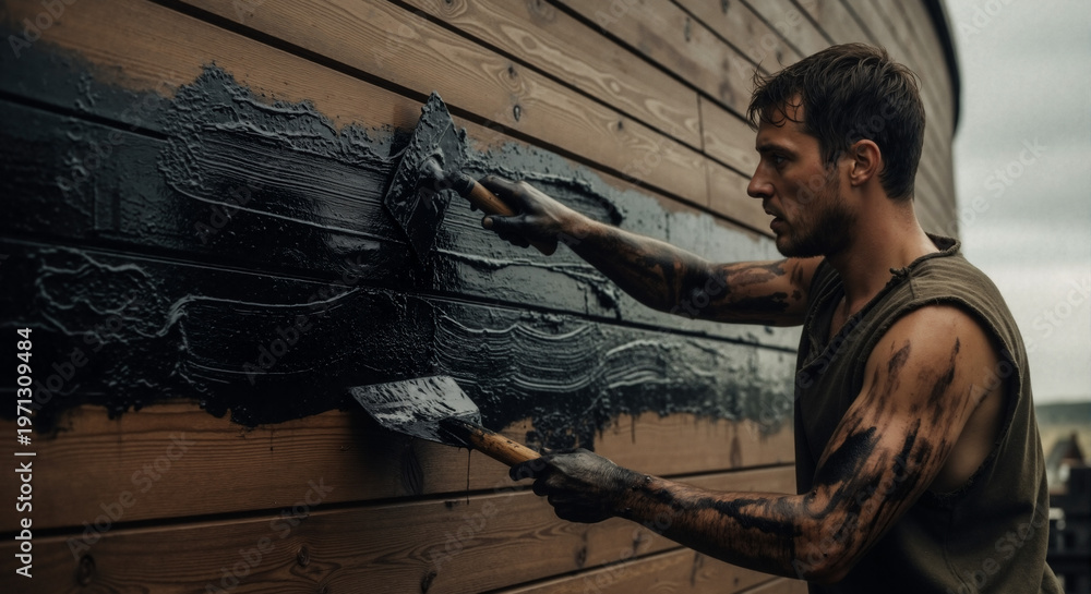 Fototapeta premium Man applying thick black bitumen to seal wooden planks of an ark. Biblical worker waterproofing a large vessel with tar. Manual labor in ancient times