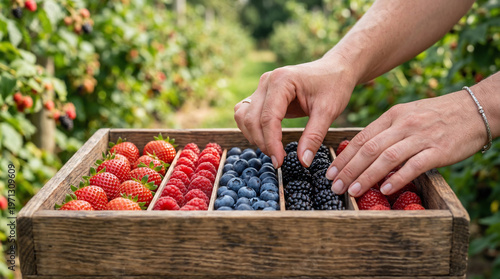 Person arranging fresh berries in wooden crate in berry farm