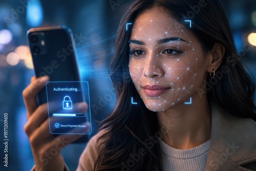 A woman uses facial recognition on her smartphone to authenticate secure payment access.