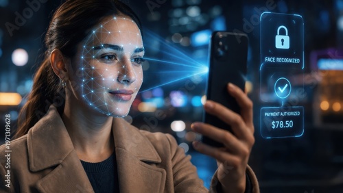Woman uses facial recognition on her smartphone to authorize a secure payment in a nighttime urban setting.