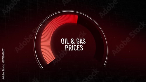 Digital circular gauge indicator moving down, oil and gas prices decreasing rapidly, energy cost reduction, fuel market downturn, cheaper petrol, impact on global economy, finance motion, Copy space