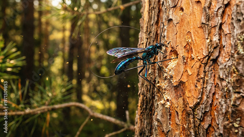 Ichneumon Wasp Creating Parasitic Tension Using Long Ovipositor