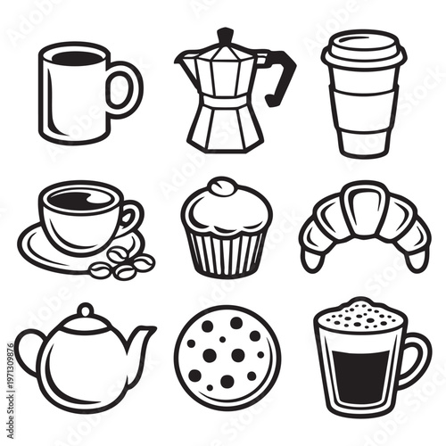 Black and white of various kitchenware and utensils kettle