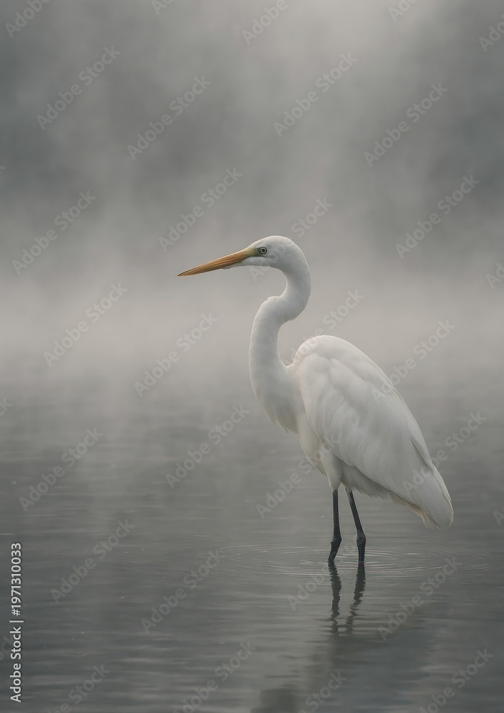 Naklejka premium Graceful heron in misty water.