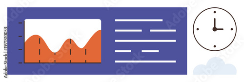 Business analytics, time tracking, data insights, performance monitoring, information visualization, research. Graph with fluctuating lines, text sections and clock. Business analytics and time