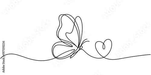 Photography Continuous one line drawing of butterfly and hearts