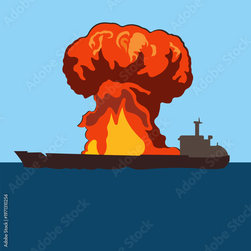 Exploded Cargo Ship With Massive Mushroom Cloud Over Water After Fiery Blast And Explosion