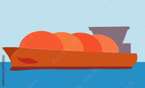 Orange LNG Tanker Ship With Spherical Tanks Sailing On Blue Sea Flat Illustration